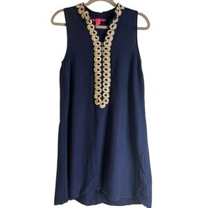 Lilly Pulitzer Jane Shift Dress Navy Blue Gold Lace Trim Size 6